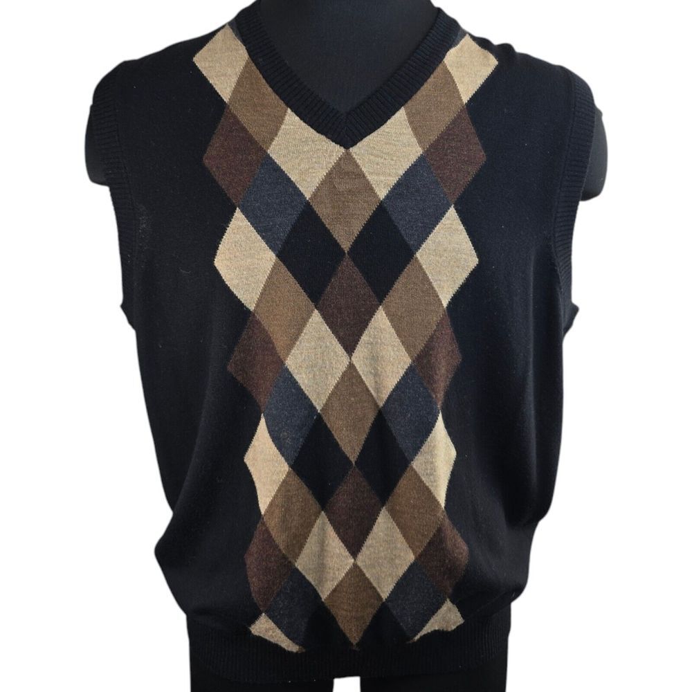 Turnbury Sweater Vest Men XL Black 100% Merino Wool Argyle V-Neck Classic Preppy